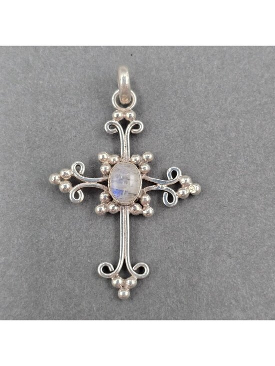 Unbranded Jewelry - Vintage Sterling Silver Rainbow Moonstone Filigree Cross Gothic Pendant 1.75"